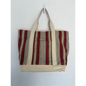Retired Pottery Barn Large Canvas Tote Boat Bag Stripes Zipper Closer Red Cream
